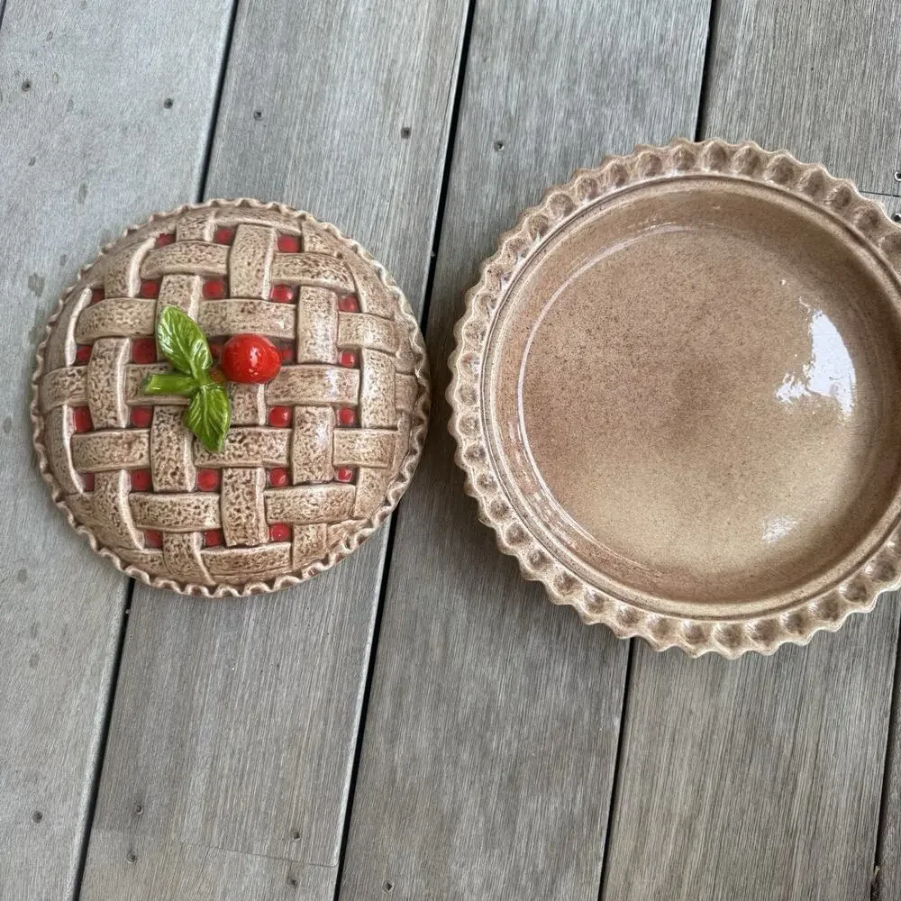 Vintage Ceramic Cherry Pie Keeper Dish with Lid Cottagecore